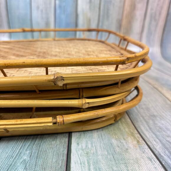 MCM Wicker Rattan Bamboo Serving Tray Set of 4 Tiki Tropical Beach Lap Vintage - Picture 8 of 8